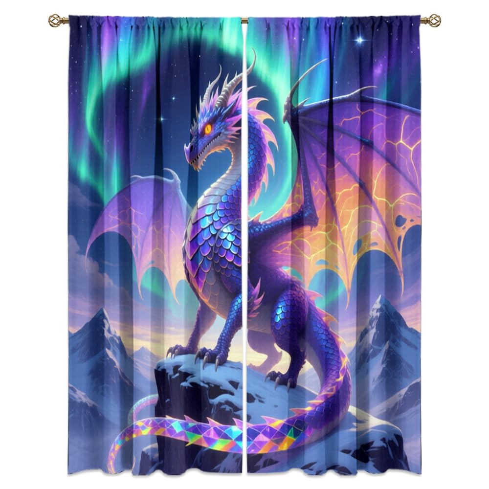 Dreamy Pink Wildlife Dragon Curtains-Fantasy Medieval Castle Rod Pocket Back Tab Window Drapes,Mythological Dragon Floral Roses Thermal Insulated Blackout Curtain,2pcs,Each 52“W x 96”L