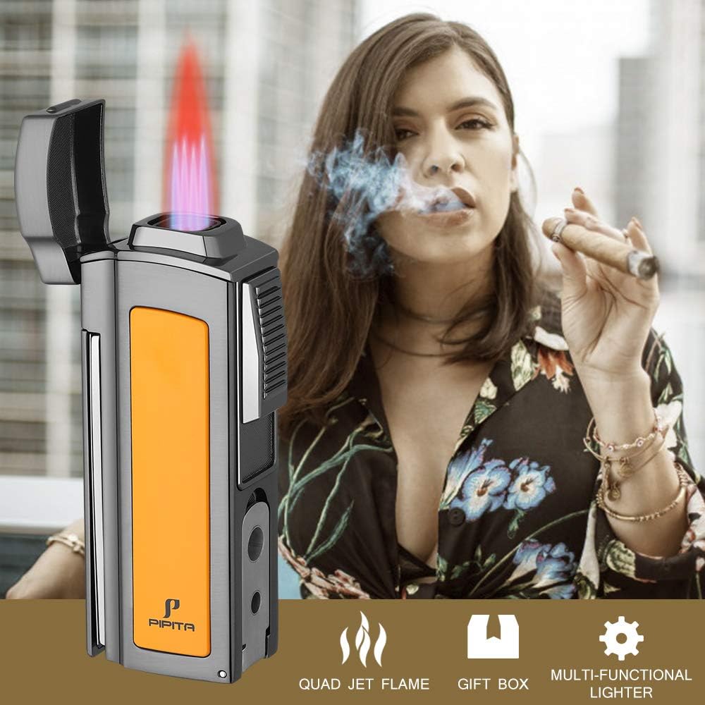 PIPITA Windproof Cigar Torch Metal Gas Cigarette Butane Lighter with Quad Blue Flame Refillable Lighter and Two Punch