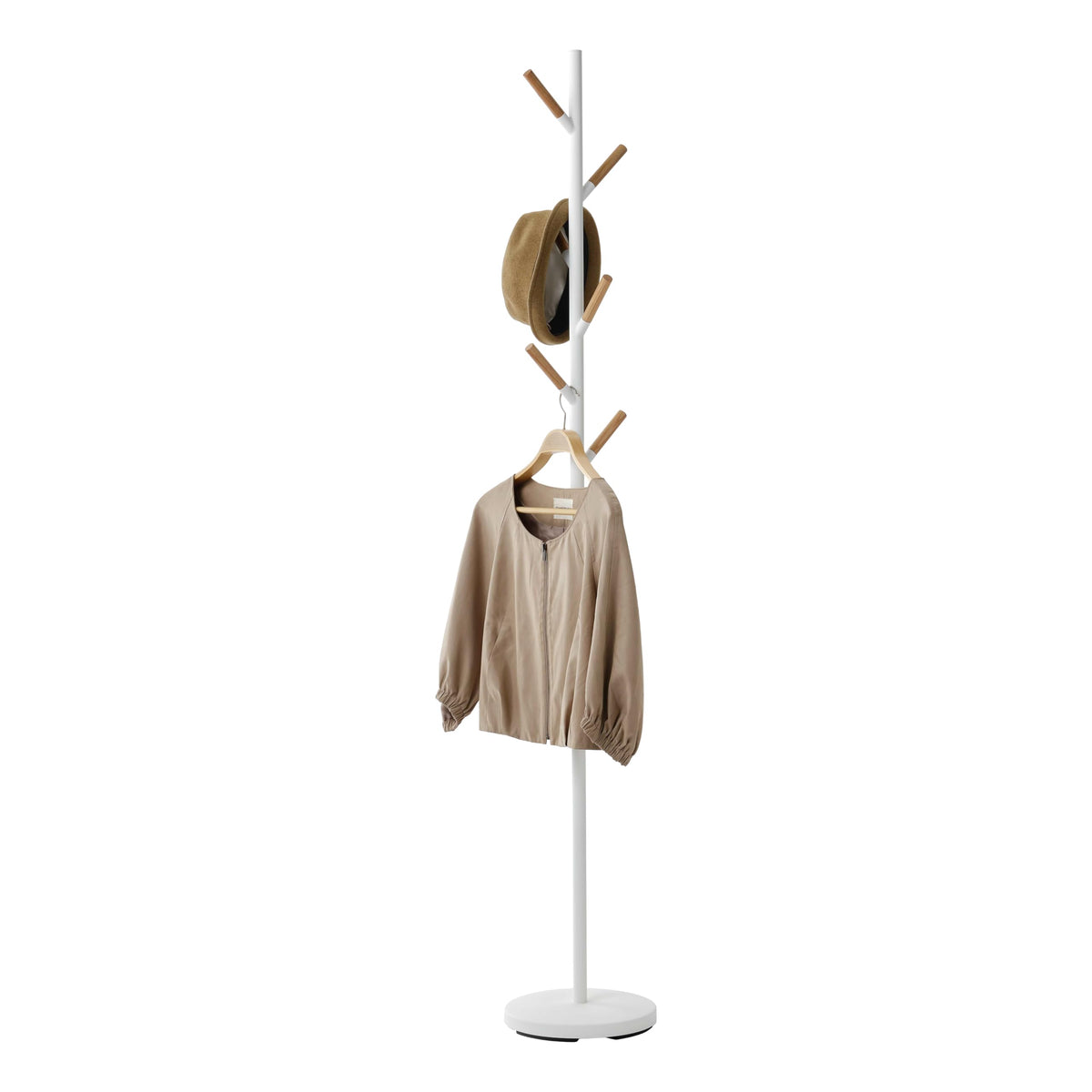YAMAZAKI Home Freestanding Coat Rack Stand – Modern Coat Tree with Wooden Hooks, Standing Coat Hanger for Entryway, Sturdy Weighted Base, Steel, White, Easy Assembly