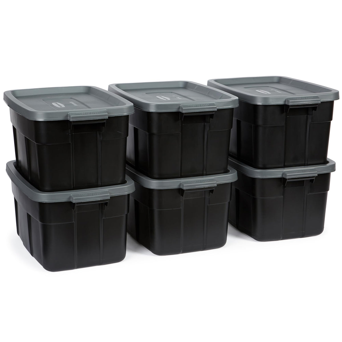 Rubbermaid 6-Pack Totes for Storage with Lids, Heavy Duty Plastic Storage Bins with Lids, Black Gray, 10 GAL - Stackable for Garage, Attic, Camping (10 GAL - 6 Pack Solid Black and Grey)
