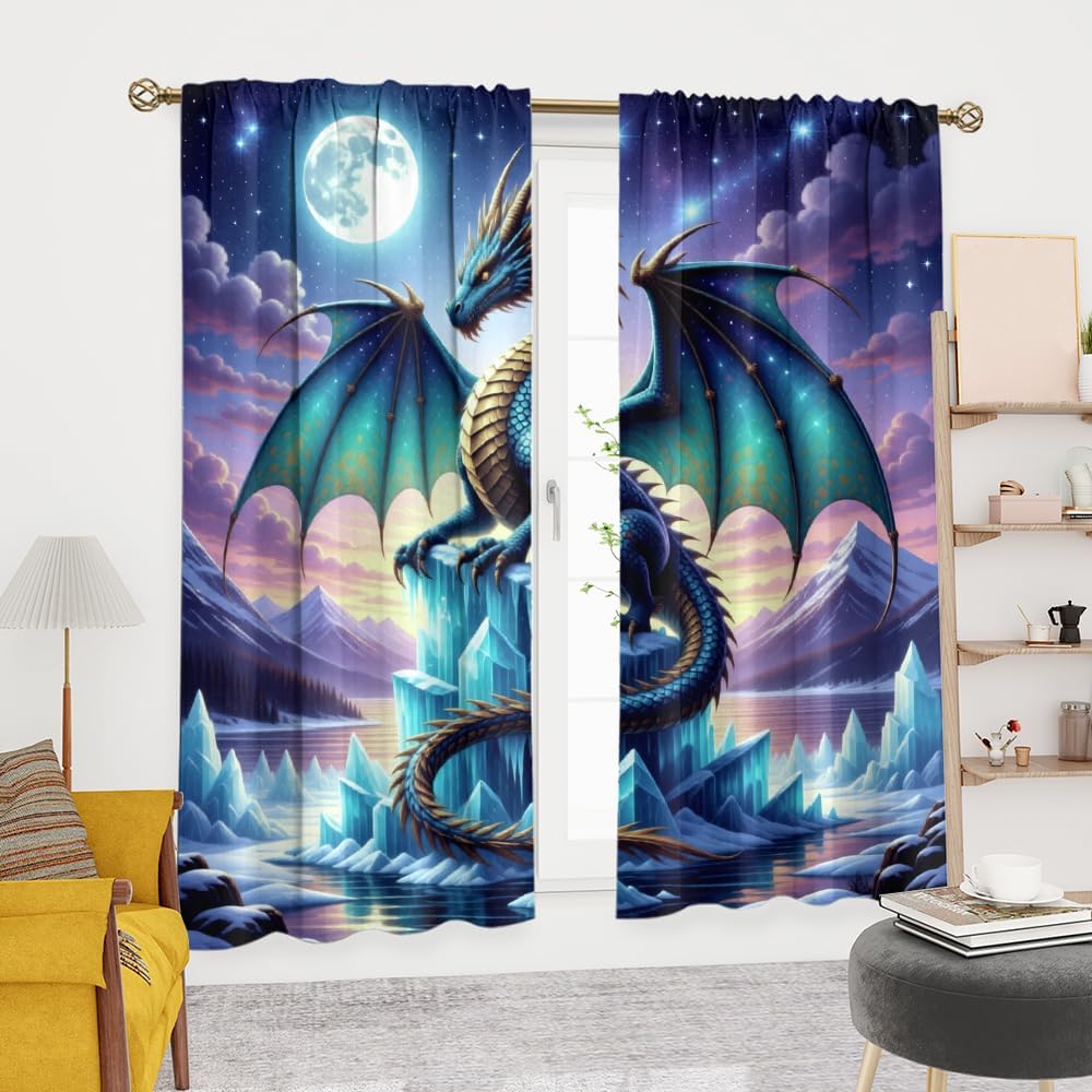 Fantasy Mythical Animal Dragon Curtains,Dreamy Galaxy Full Moon Room Darkening Blackout Window Treatment,Mythological Wildlife Dragon Rod-Pocket Privacy Curtains,2pcs,Each 52“W x 96”L