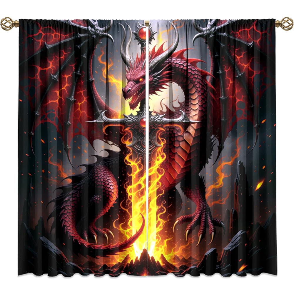 Dreamy Ice Fire Dragon Rod Pocket Curtains-Fantasy Yin Yang Theme Blackout Curtains & Drapes for Bedroom,Mythological Wild Animals Dragon Room Darkening Window Curtain,2pcs,Each 52“W x 96”L