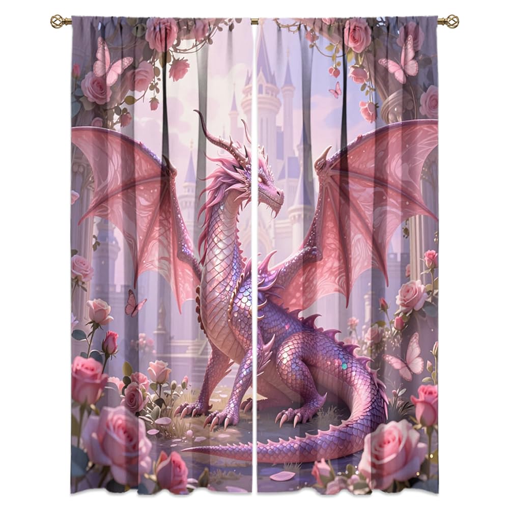 Traditional Ukiyoe Wildlife Dragon Curtains-Dreamy Ancient Japan Architecture Rod Pocket Back Tab Window Drapes,Japanese Samurai Thermal Insulated Blackout Curtain,2pcs,Each 52“W x 96”L