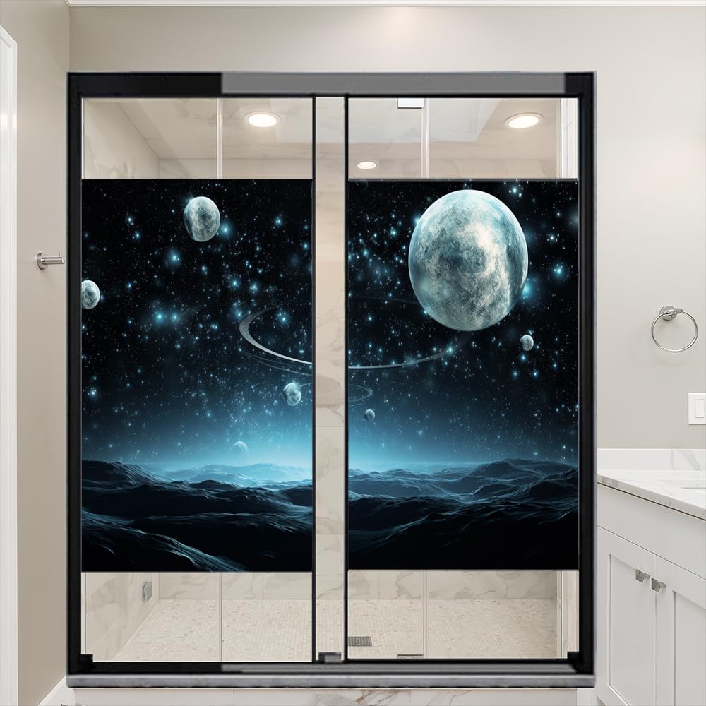 Fantasy Galaxy System Window Film Sun Blocking Abstract Space View Earth House Window Tint Film Adhesive Glass Sticker Coverings for Home Decorative 31.5Wx55.1L-inch x2 Pcs