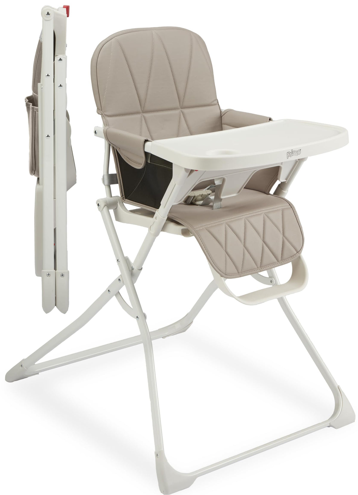 Primo PopUp Folding High Chair for Baby Age 6 to 36 Months - Taupe Folding Beach Style High Chair with Removable Dishwasher Safe Tray, 3pt Safety Harness, Leatherette Seat - Space Saving Design