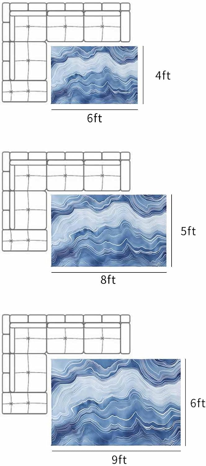 Abstract Ocean Wave Outdoor Rug 5x8ft, Waterproof Indoor Outdoor Rug for Patio, Watercolor Blue Camping Carpet Mat Outside Area Rug for RV Picnic Beach Balcony Deck Backyard