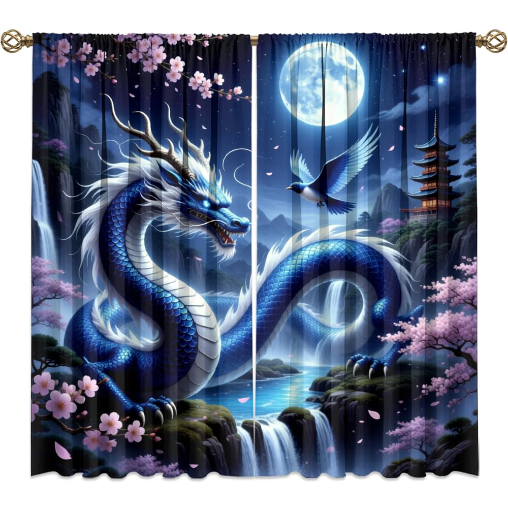 Dreamy Pink Wildlife Dragon Curtains-Fantasy Medieval Castle Rod Pocket Back Tab Window Drapes,Mythological Dragon Floral Roses Thermal Insulated Blackout Curtain,2pcs,Each 52“W x 96”L