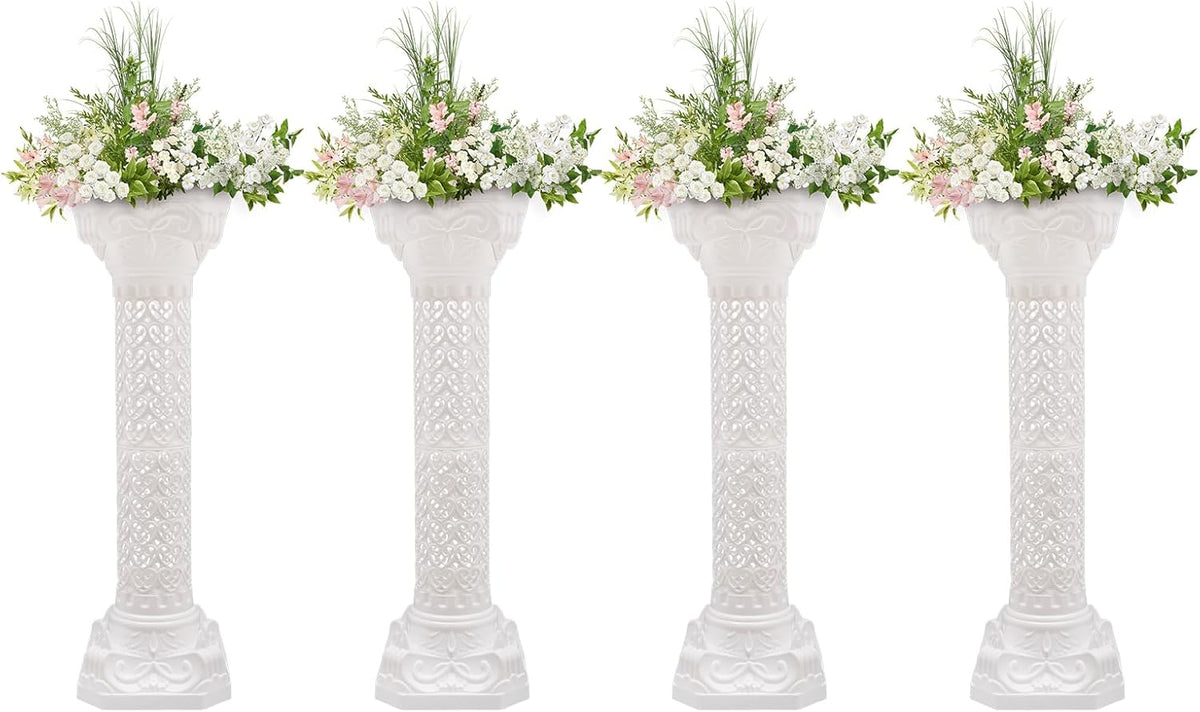 4Pcs Roman Pillar Greek Columns, Elegant Wedding Roman Decorative Column Pillars Stand, Flower Rack Holder Pillars Decoration Party Flower Pot Columns Decoration, White, 34.65"/ 88cm Tall