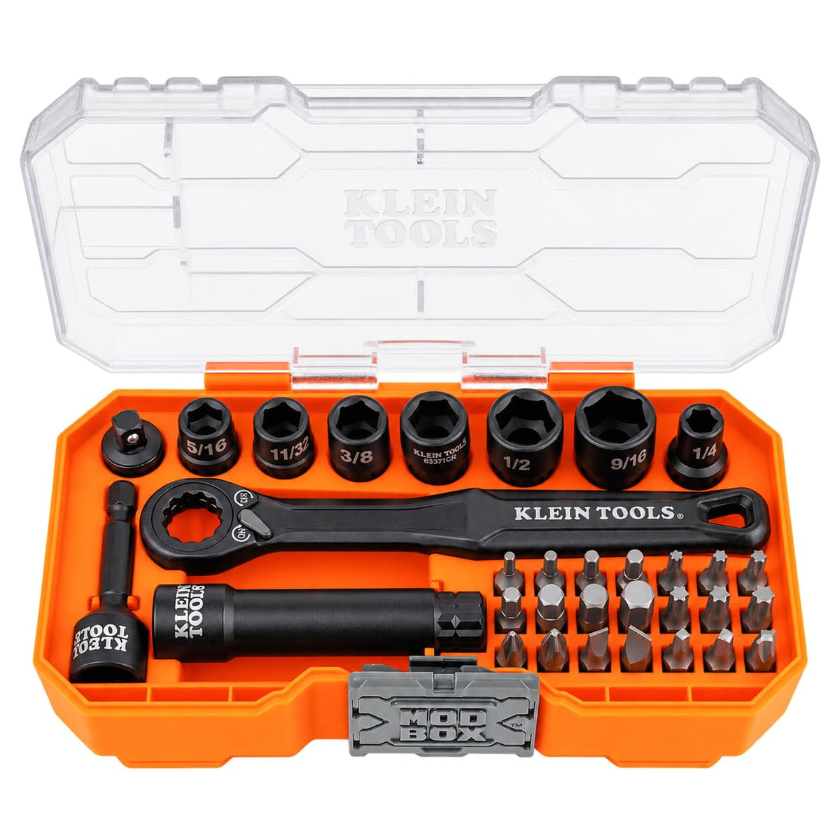 Klein Tools 65400KNECT KNECT Essential Pass Through Impact Socket Set, SAE and Metric, 90-Tooth Ratchet, MODbox Case, 3/8-Inch Drive, 28-Piece