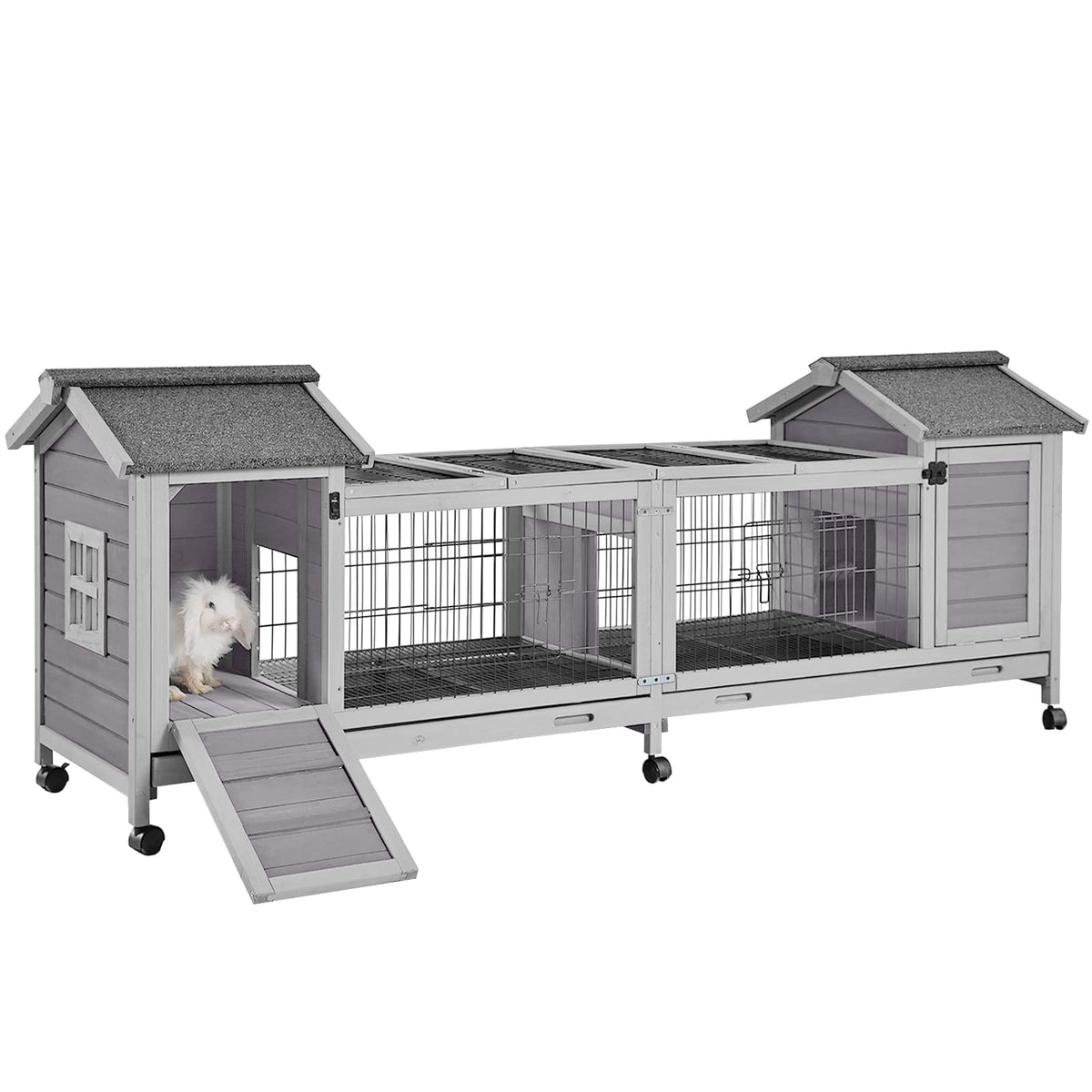 GUTINNEEN Rabbit Hutch with Chew-Resistant Ramp Indoor Bunny Cage Outdoor Guinea Pig Cage with Wheels and Leakproof Tray