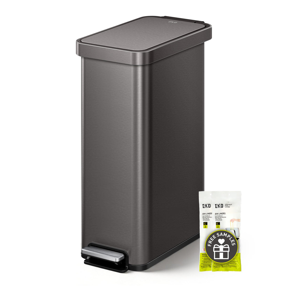 EKO Hudson Slim 50L / 13.2 Gallon Kitchen Trash Can with Lid, Stainless Steel Step Garbage Can for Kitchen or Home, Space-Saving Garbage Can with Soft Close Lid, Stay-Open, Liner Ring, Handle