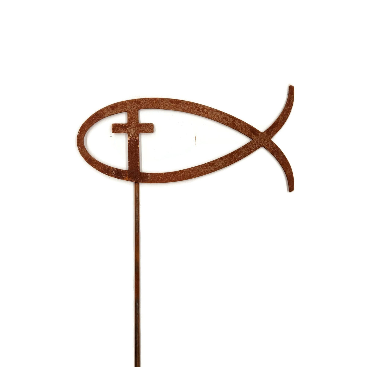 Christian Jesus Fish Metal Steel Garden Landscape Stake 20 to 33 Inches Tall (Jesus Fish with Cross 33" Tall Including Stake, Naturally Rusted)