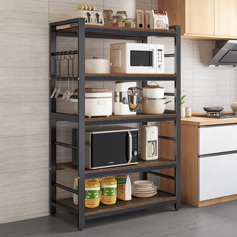 5-Tiers Bakers Rack,Microwave Oven Stand with Shelves,5 Tier Utility Storage Shelf with 5 Hooks,Multifunctional Shelf for Kitchen,Bathroom,Livingroom,Storehouse...
