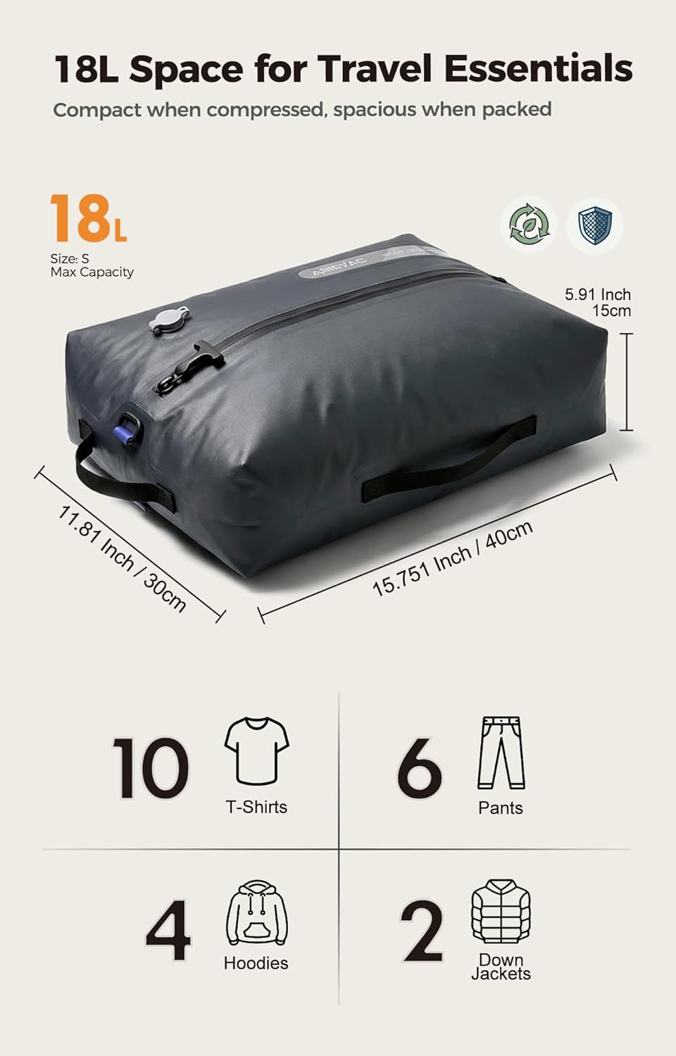 IKYWT Vacuum Seal Bags for Travel w/Pump, 18L Compression Packing Cubes for Carry-On Suitcase & Travel Backpack, Reusable IP67 Waterproof Vacuum Storage Kit, Gift Set (3-Pack)