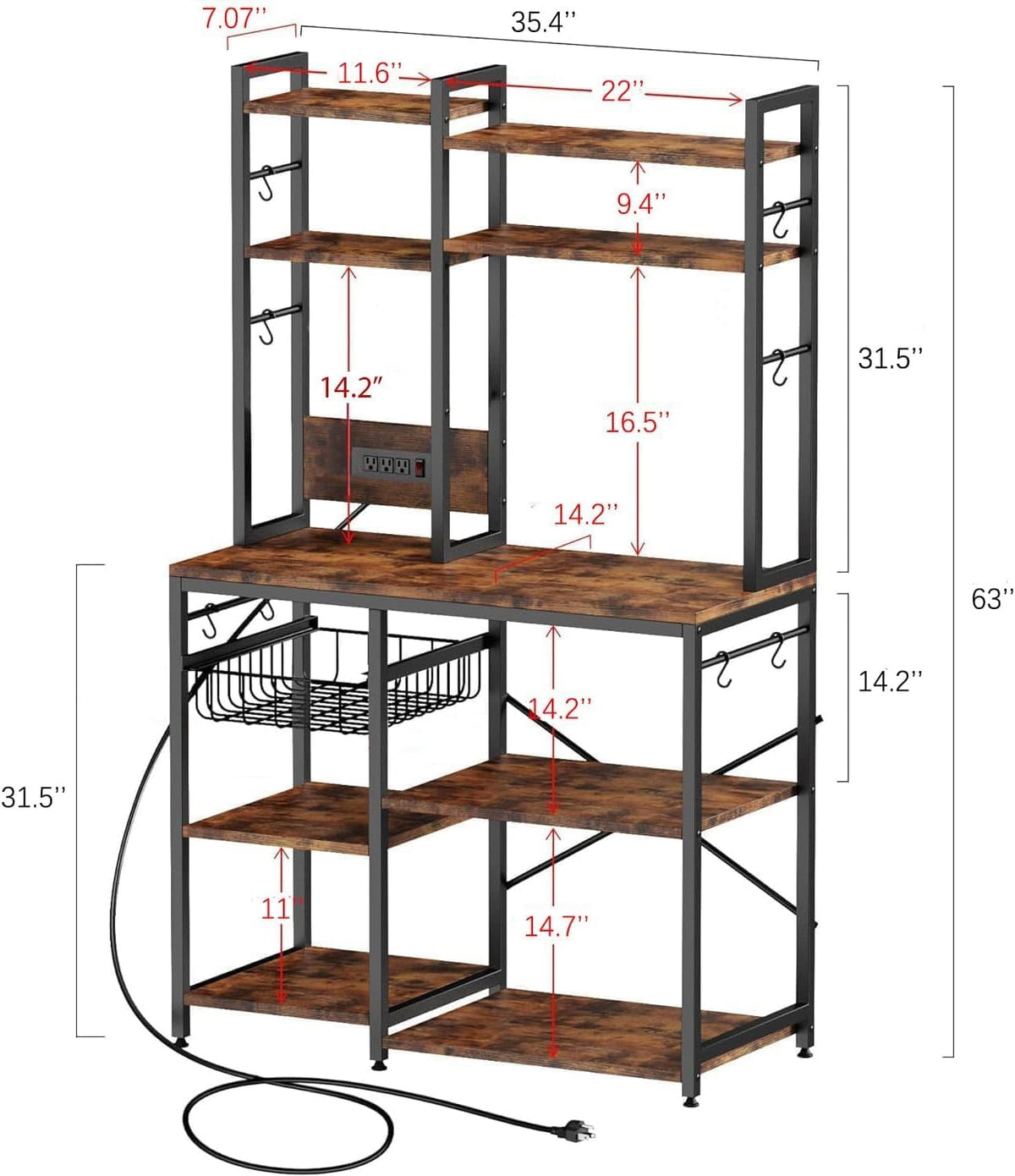 Cheersstar Bakers Rack with Power Outlet -, Standing Kitchen Baker’s Rack, 6-Tier Microwave Stand, Coffee Bar with 12 S-Shaped Hooks, Kitchen Shelf with Storage, Coffee Bar Station, for Rustic Brown