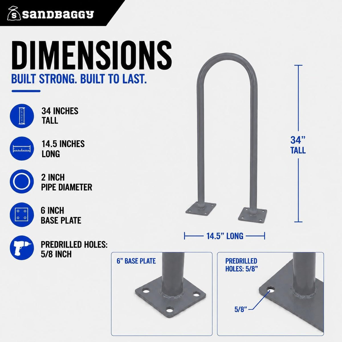Sandbaggy U Shaped Bike Rack - Outdoor, Commercial - Steel - Surface/Ground Mounted (1, Gray)