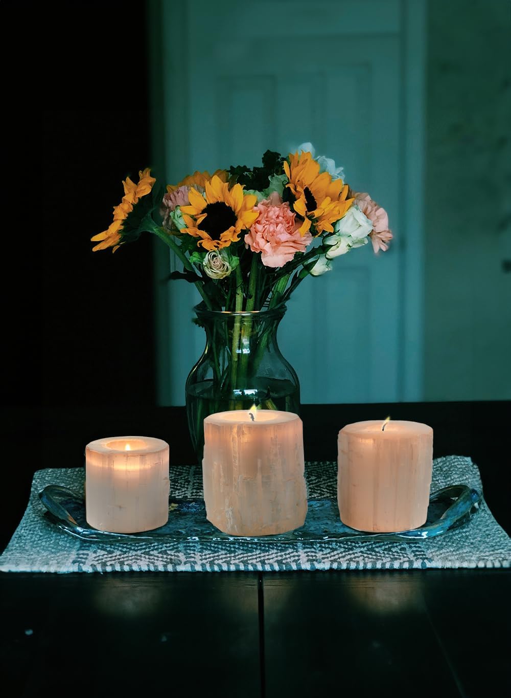 Serene Spaces Living 4" Selenite Tealight Candle Holder, Set of 12, Natural Crystal Stone Decorative White Votive Candlestick Holder for Kitchen, Tables, Wedding, Parties, Event Decor Centerpieces