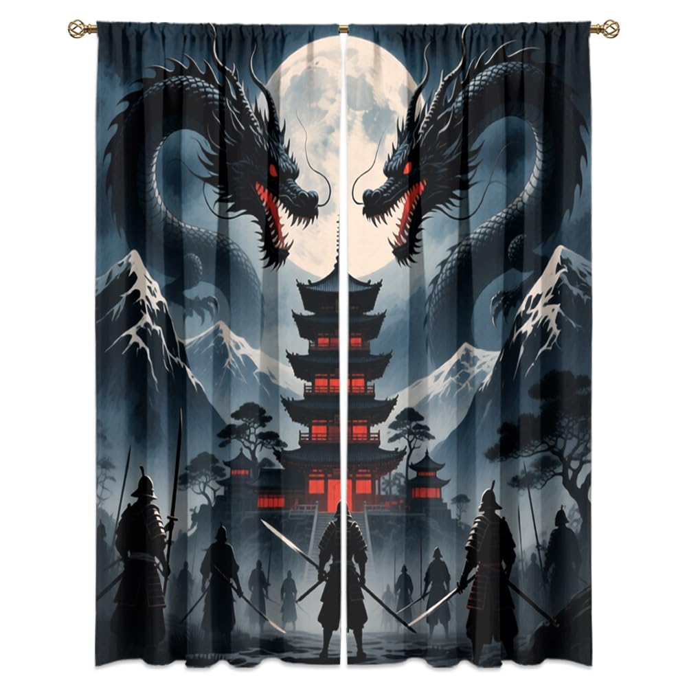 Fantasy Mythical Animal Dragon Curtains,Dreamy Galaxy Full Moon Room Darkening Blackout Window Treatment,Mythological Wildlife Dragon Rod-Pocket Privacy Curtains,2pcs,Each 52“W x 96”L