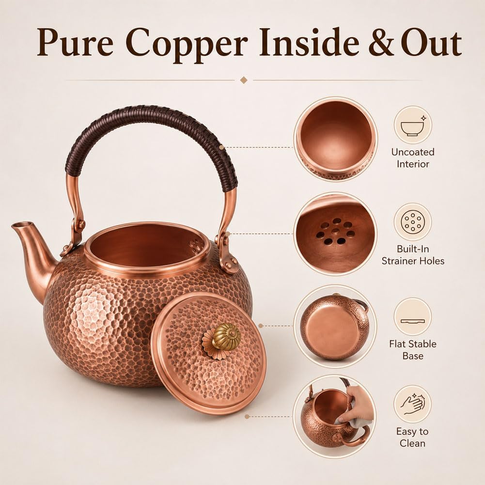 Handmade Copper Stovetop Teapot Kettle, Solid Copper Tea Kettle with Vintage Hammer Design, Thickened Household Boiling Teapot for Induction, Electric, Easy to Clean (B*1500ML)