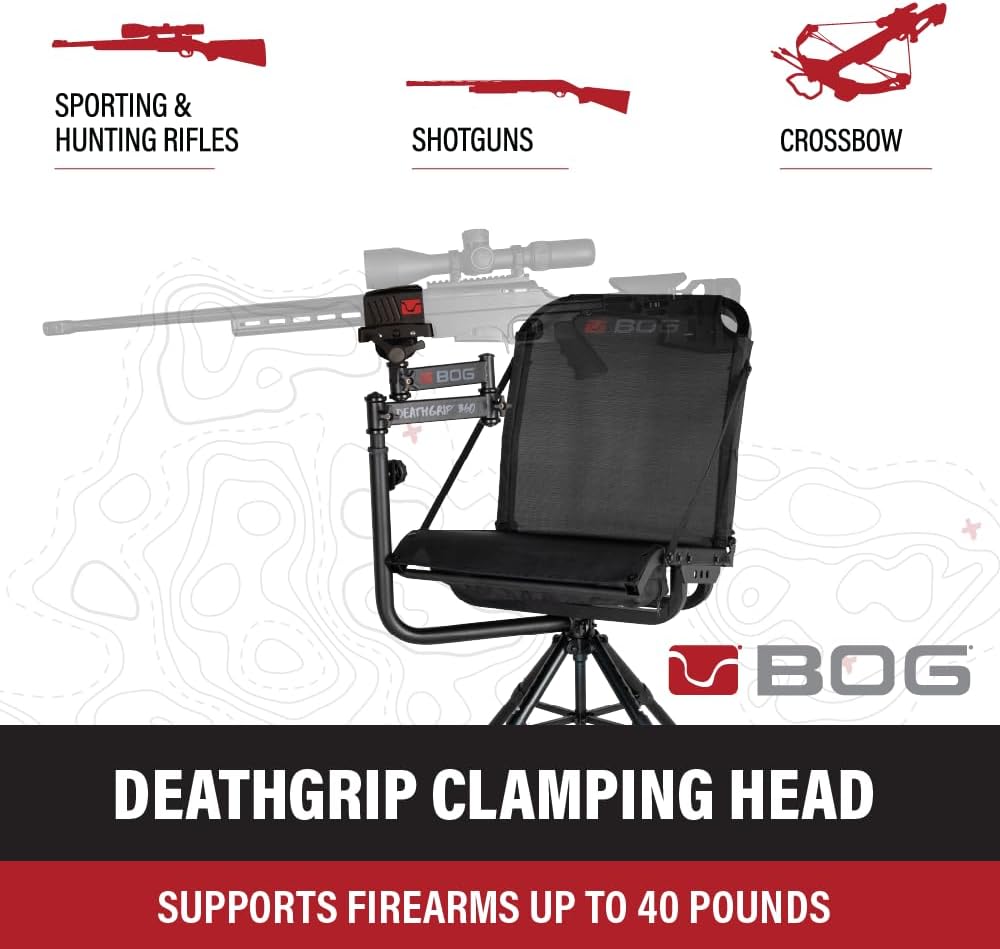 BOG DeathGrip 360 Chair with Lightweight Aluminum Construction, 4 Extendable Legs, DeathGrip Universal Gun Rest, 360 Adjustable Pivoting Seat, and Hands-Free Use During Hunting, Shooting, and Outdoors