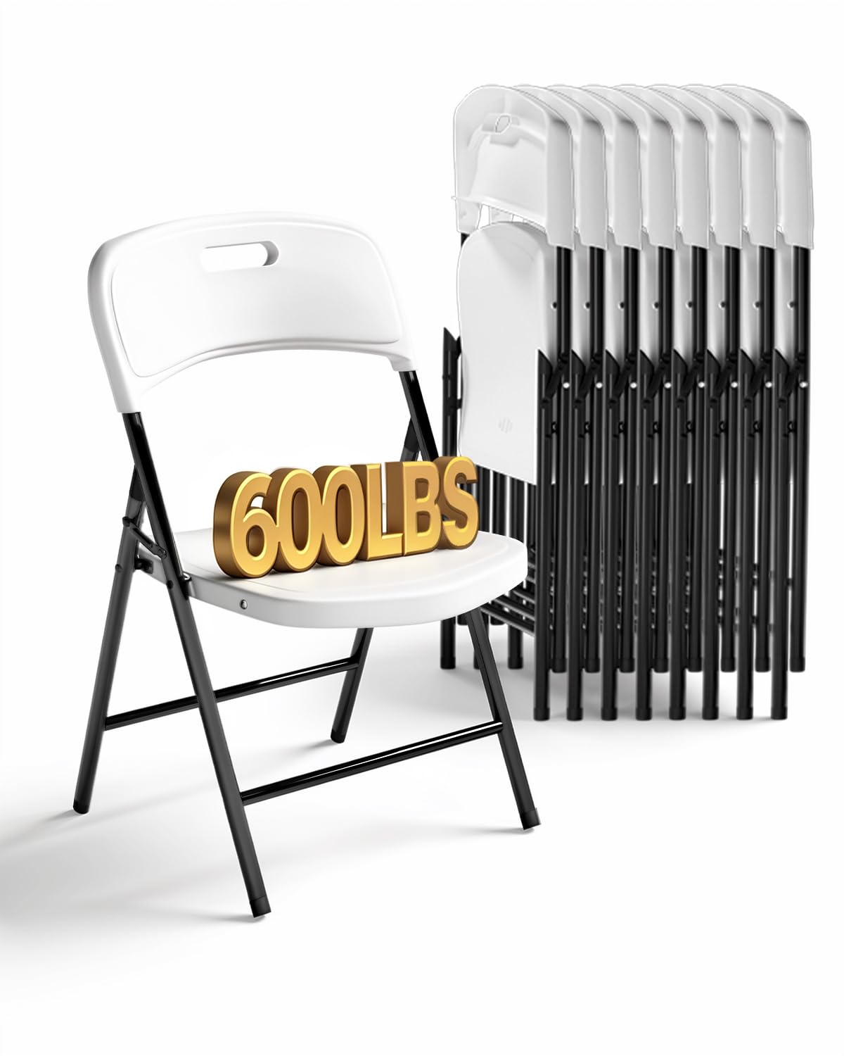 Folding Chairs, 600lbs Capacity, Heavy-Duty Commercial Stackable Plastic Foldable Chairs for Indoor/Outside, Office, Kitchen, Party, Patio(White, 10 Pack)