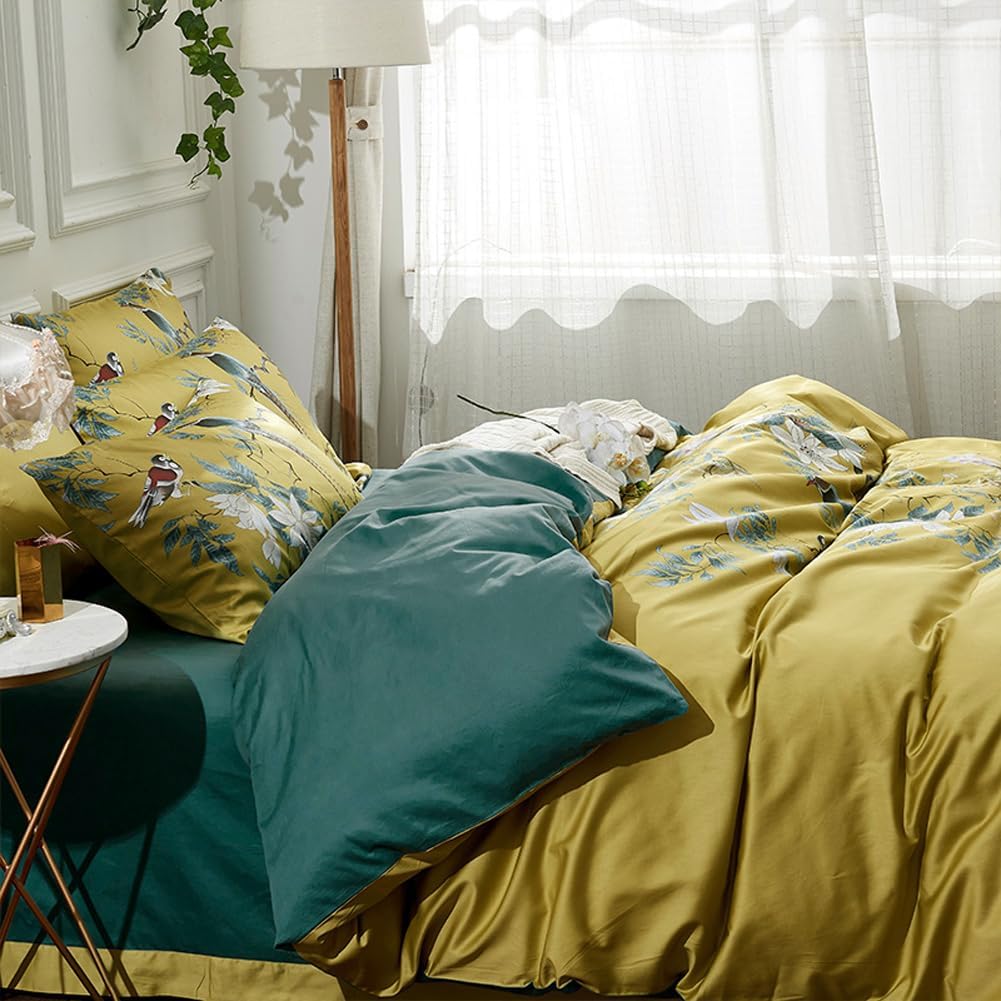 mixinni Garden Style Cotton Flowers and Birds Pattern Printed Duvet Cover Reversible Design Peacock Blue 3 Piece Bedding Duvet Set with Zipper Closure, Perfect for Him and Her-Queen Size