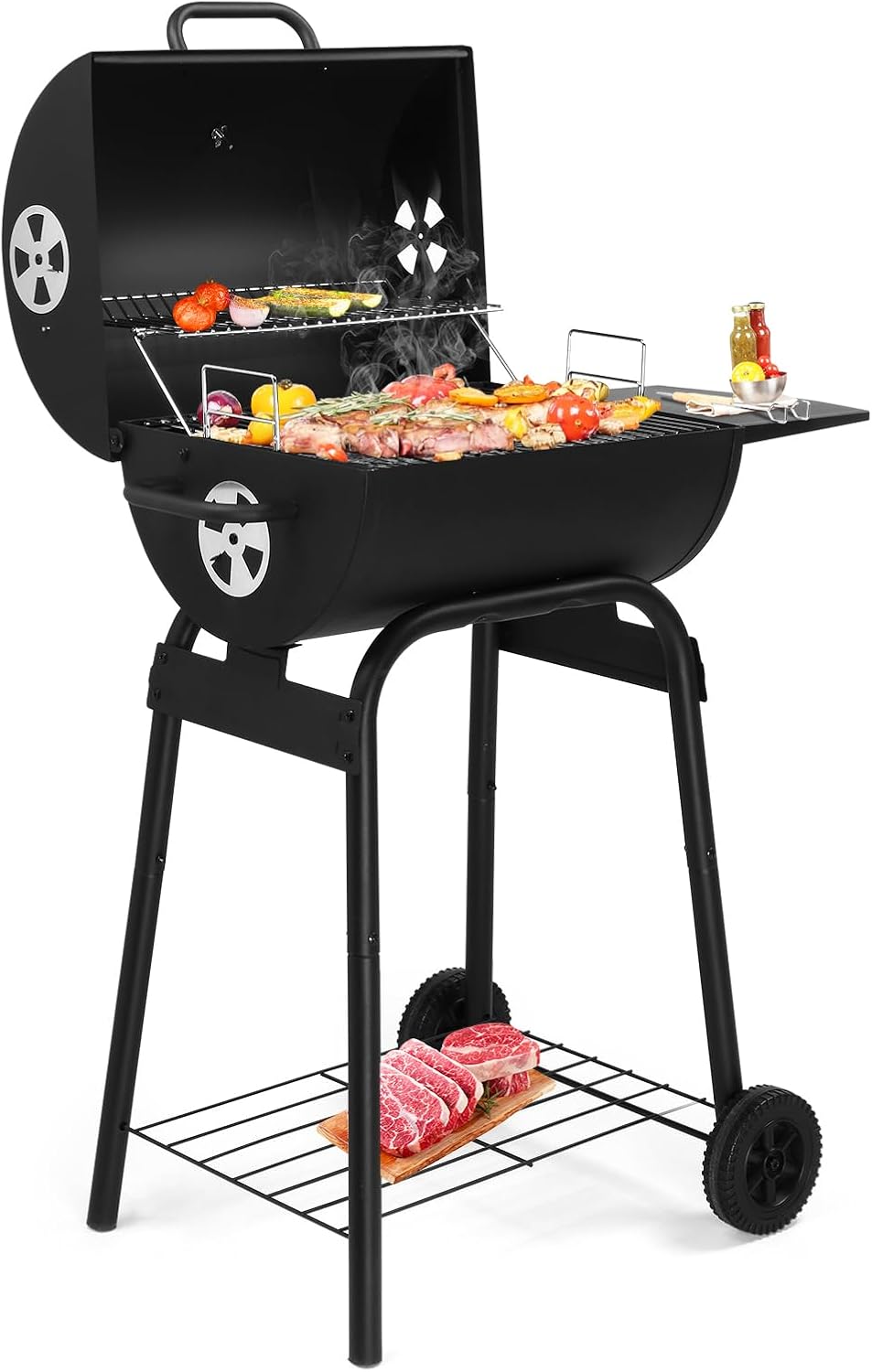 VINGLI Barrel Charcoal Grill with Side Table, BBQ Grill Outdoor Smoker Grill with Wheels for Party Garden Patio and Backyard Cooking 33.9"D x 20.5"W x 40.6"H