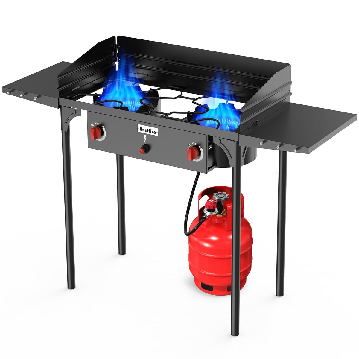 Bestfire 150,000 BTU 2 Burner Propane Camping Stove with Auto Ignition, Windpanel, Portable Outdoor Gas Cooker with Removable Legs, Side Shelves for Camping, BBQ