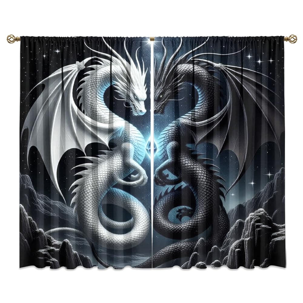 Dreamy Pink Wildlife Dragon Curtains-Fantasy Medieval Castle Rod Pocket Back Tab Window Drapes,Mythological Dragon Floral Roses Thermal Insulated Blackout Curtain,2pcs,Each 52“W x 96”L
