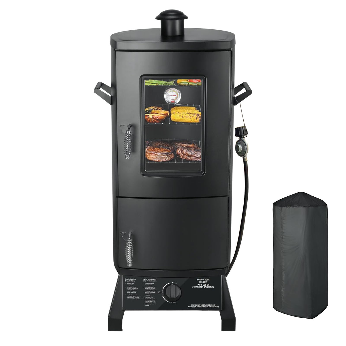 Propane Smoker with Cover, Vertical Smoker Grill with Temperature Control Outdoor Heavy Duty Three Removable Smoking Shelves, Metal Black