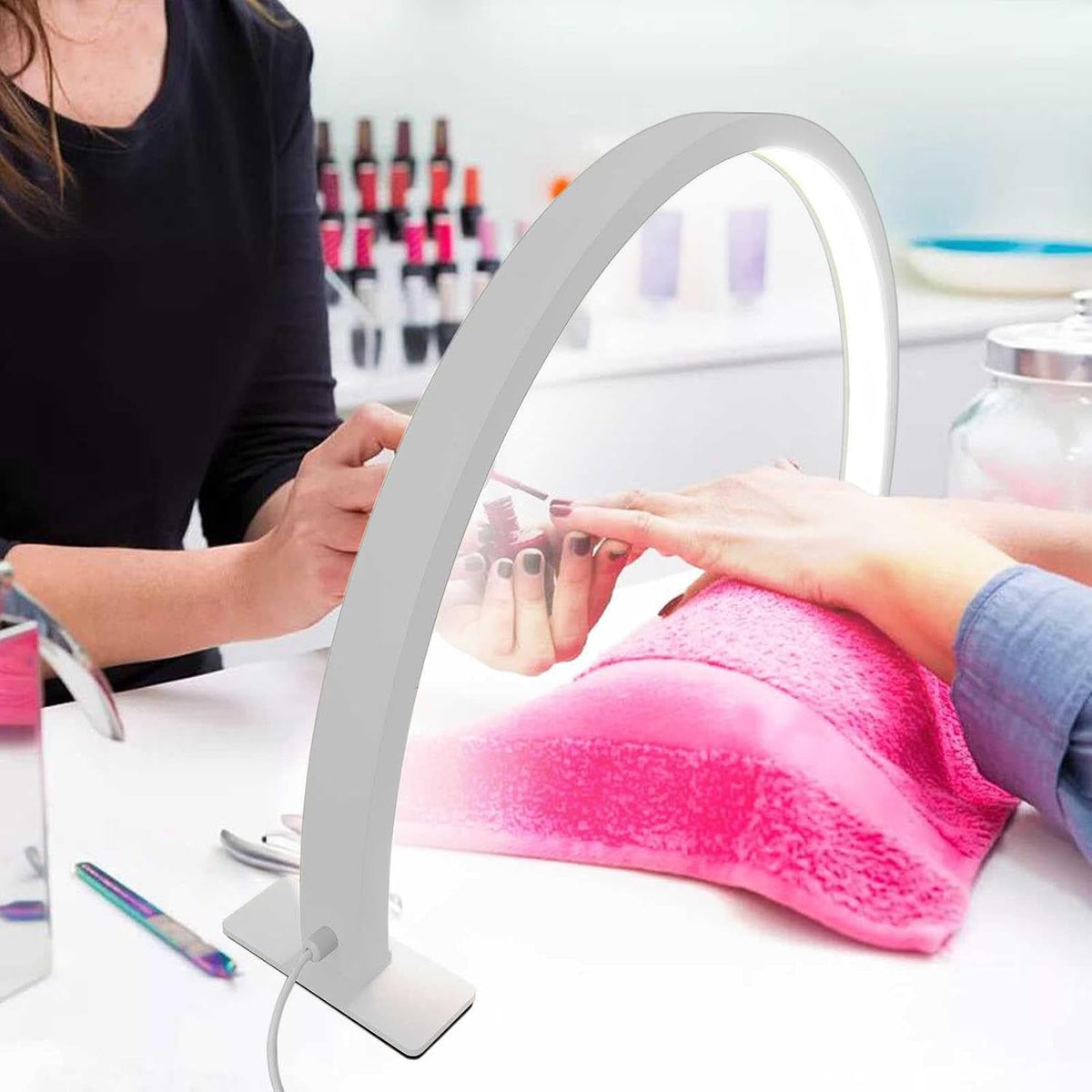 Half Moon Light Nail Lamp for Desk, 3360 Lumen Stepless Dimming with Wire Controller, 28inch 48W Pro LED Manicure Light, 2700K-5600K Tattoo Lash Tech Lighting Lamp