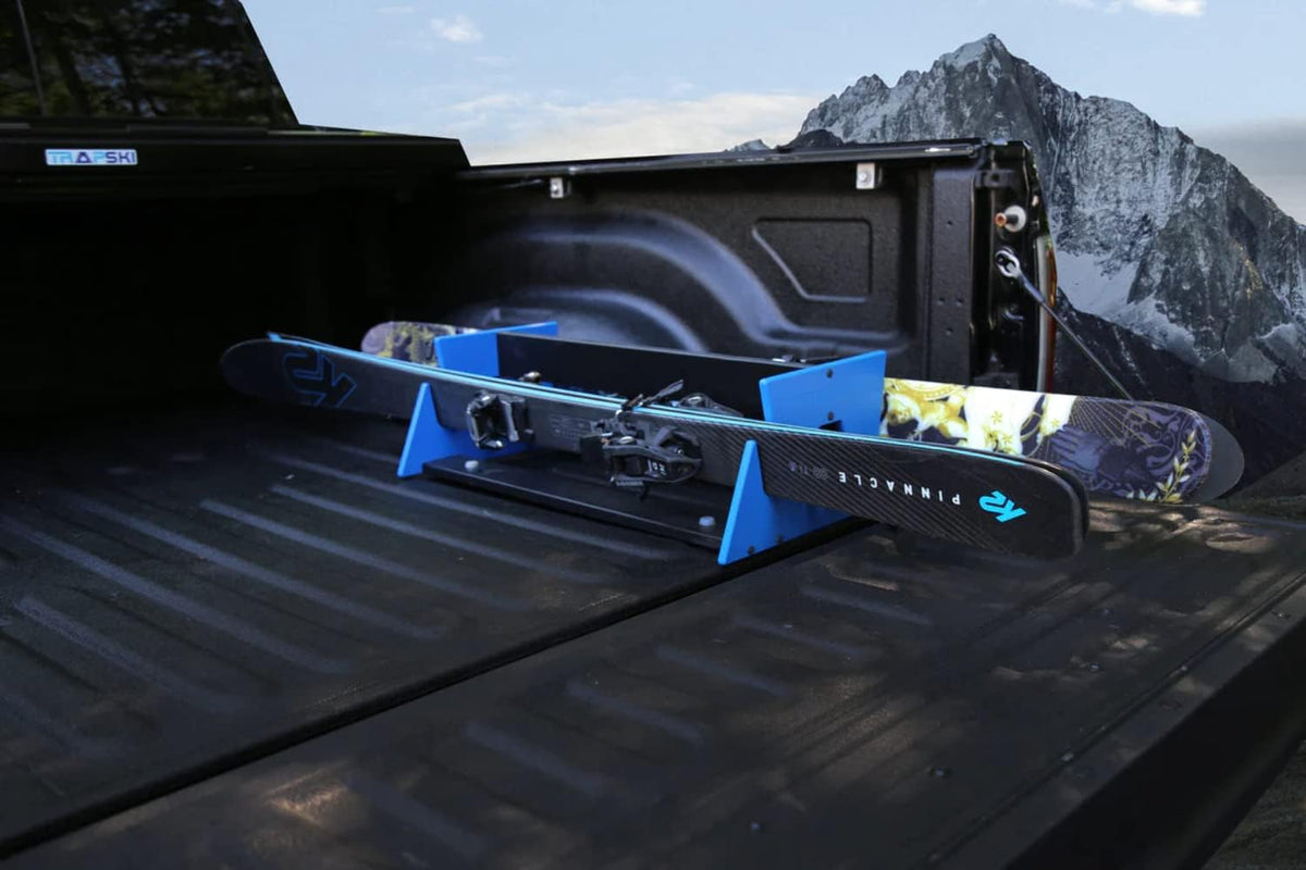 TRAPSKI Powder Double Ski and Snowboard Mobile Rack | Marine Grade HDPE Plastic | UV Protected | Premium Strap Included | 3 Year Warranty | Made in The USA | Veteran Owned Business (Blue, Double)