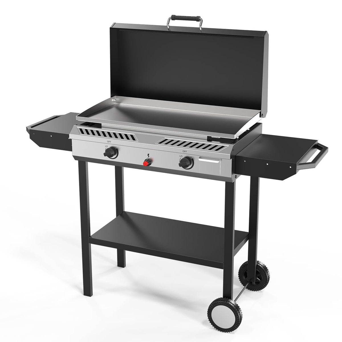 Bonnlo 2 Burner Propane Gas Burner with Auto Ignition, 150000 BTU Camping Stove with Storage Shelf and Rolling Wheels, Portable Outdoor Cooker for Patio Backyard Cooking Frying Boiling and Stewing