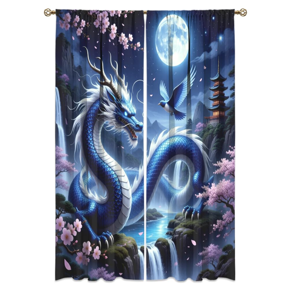 Dreamy Pink Wildlife Dragon Curtains-Fantasy Medieval Castle Rod Pocket Back Tab Window Drapes,Mythological Dragon Floral Roses Thermal Insulated Blackout Curtain,2pcs,Each 52“W x 96”L