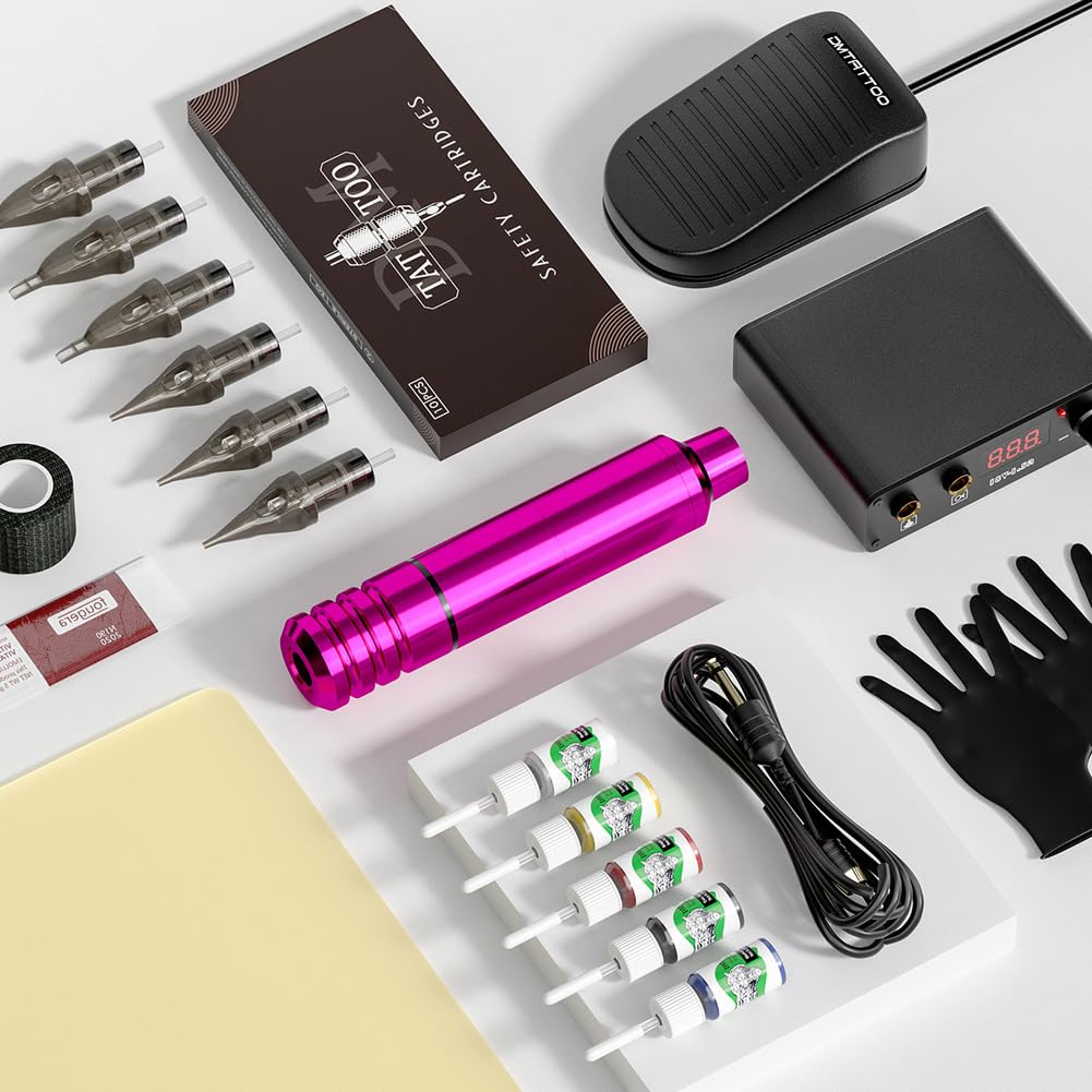 Rotary Tattoo Machine Kit with Tattoo Pen Power Supply 10 Cartridges 10 Color Bottles Foot Pedal for Professional Tattoo Artists Lining and Shading Work,Black