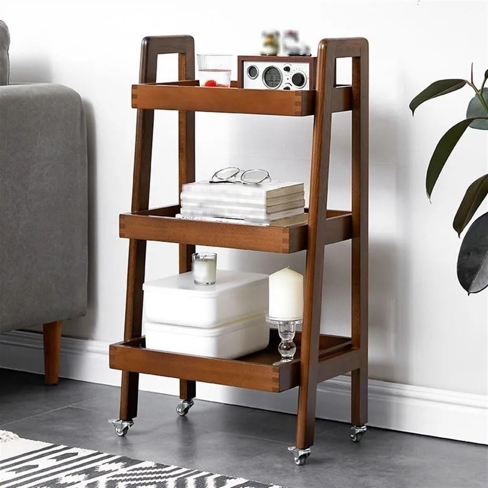 3-Tier Floor Bookcase, Solid Wood Ladder Shelf with Wheels, Side Table for Living Room, Craft Cart Fit in Kitchen, Narrow Space, Ladder Bookshelf with Handle(Yellow)