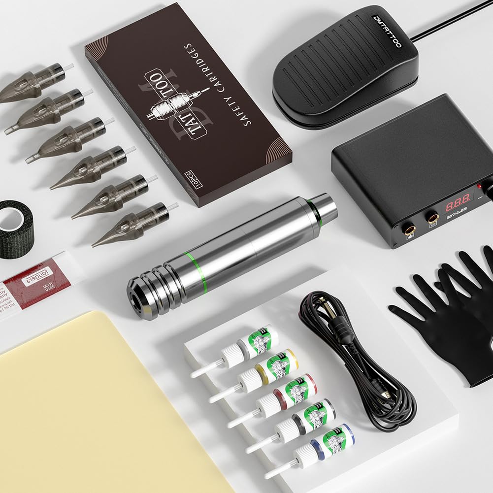 Rotary Tattoo Machine Kit with Tattoo Pen Power Supply 10 Cartridges 10 Color Bottles Foot Pedal for Professional Tattoo Artists Lining and Shading Work,Silver