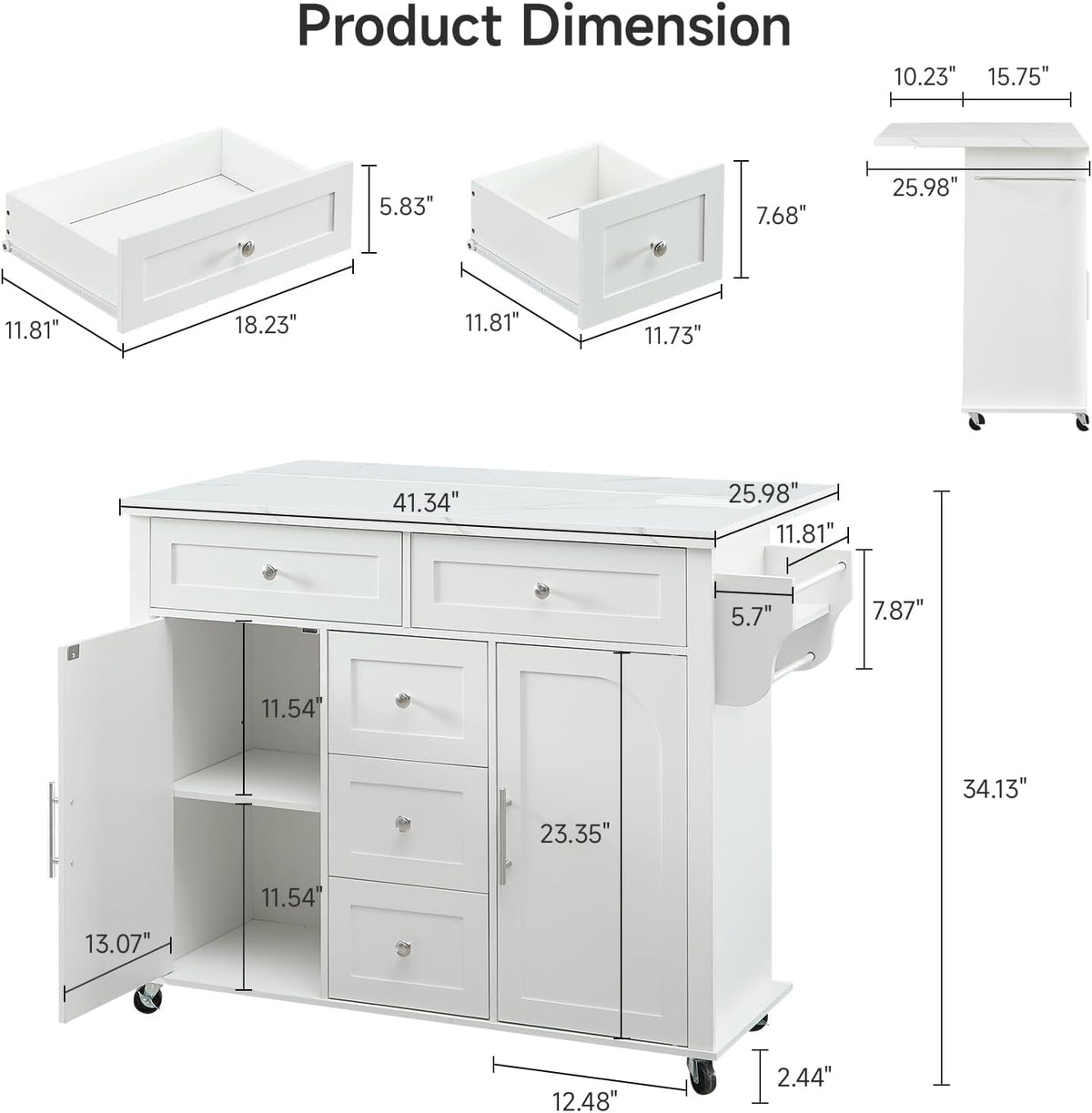 ONBRILL 47" Kitchen Island with 2 Storage Cabinets & 5 Drawers, White