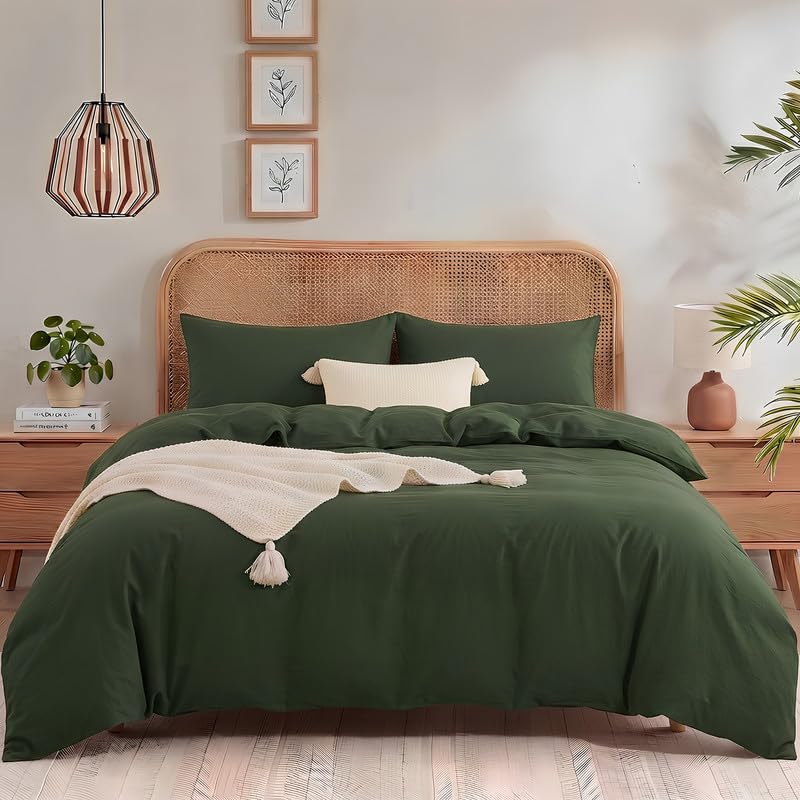 NEXHOME PRO Duvet Cover Set Queen Size Linen Look Textured 100% Washed Cotton Duvet Cover Burgundy Dark Red 3 Pieces Bedding Set with Zipper Closure,Breathable, Soft Organic Natural(No Comforter)