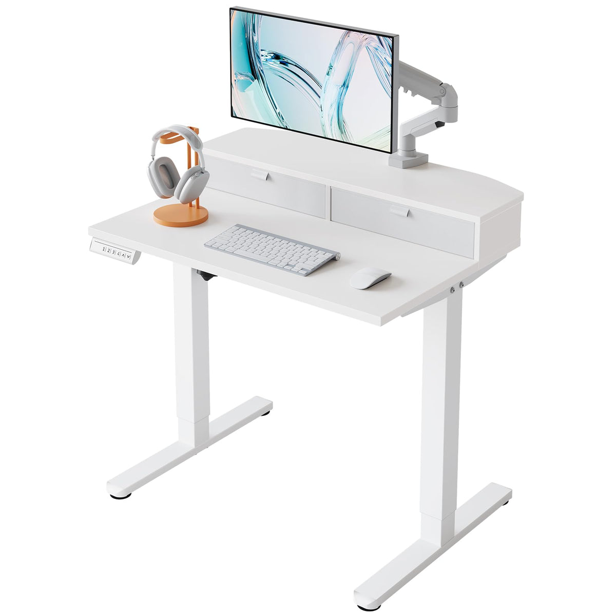 HUANUO 48″ x 28″ Electric Standing Desk with 2 Drawers, C-Clamp Mount Compatible, Height Adjustable Computer Desk, Home Office Stand Up Desk with 4 Preset Heights & 2 Hooks, Black