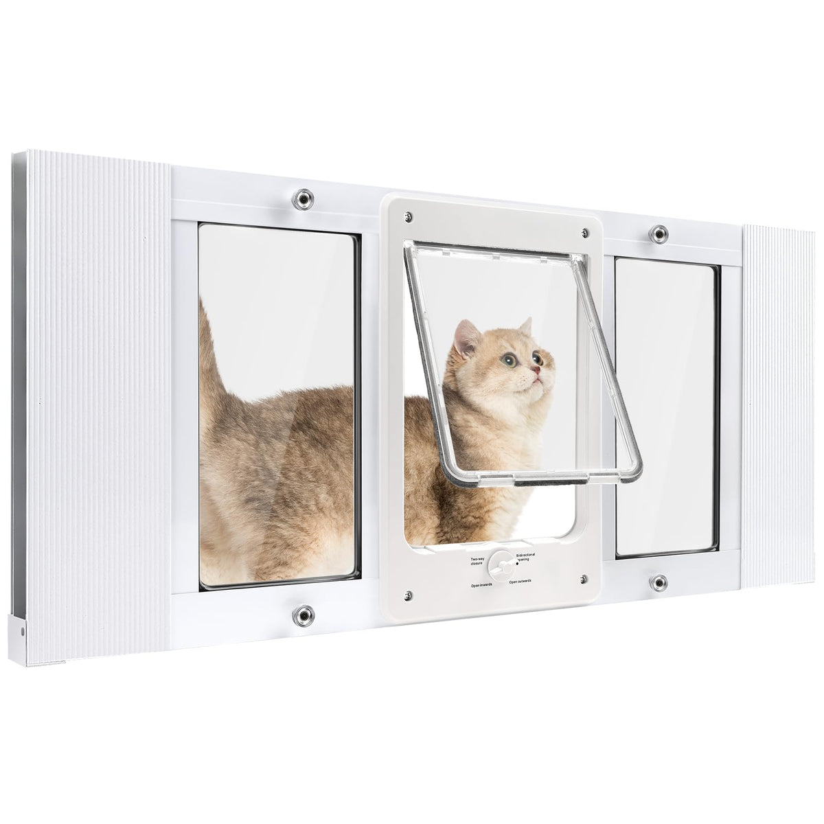 Cat Door for Window & Small Dog, Quick Damage-Free Install, 21"-23 4/5" Width Adjustable, All Aluminum Frame, 4-Way Lock, Magnetic Closure, Extra Window Lock & Sealing Strips (XS)