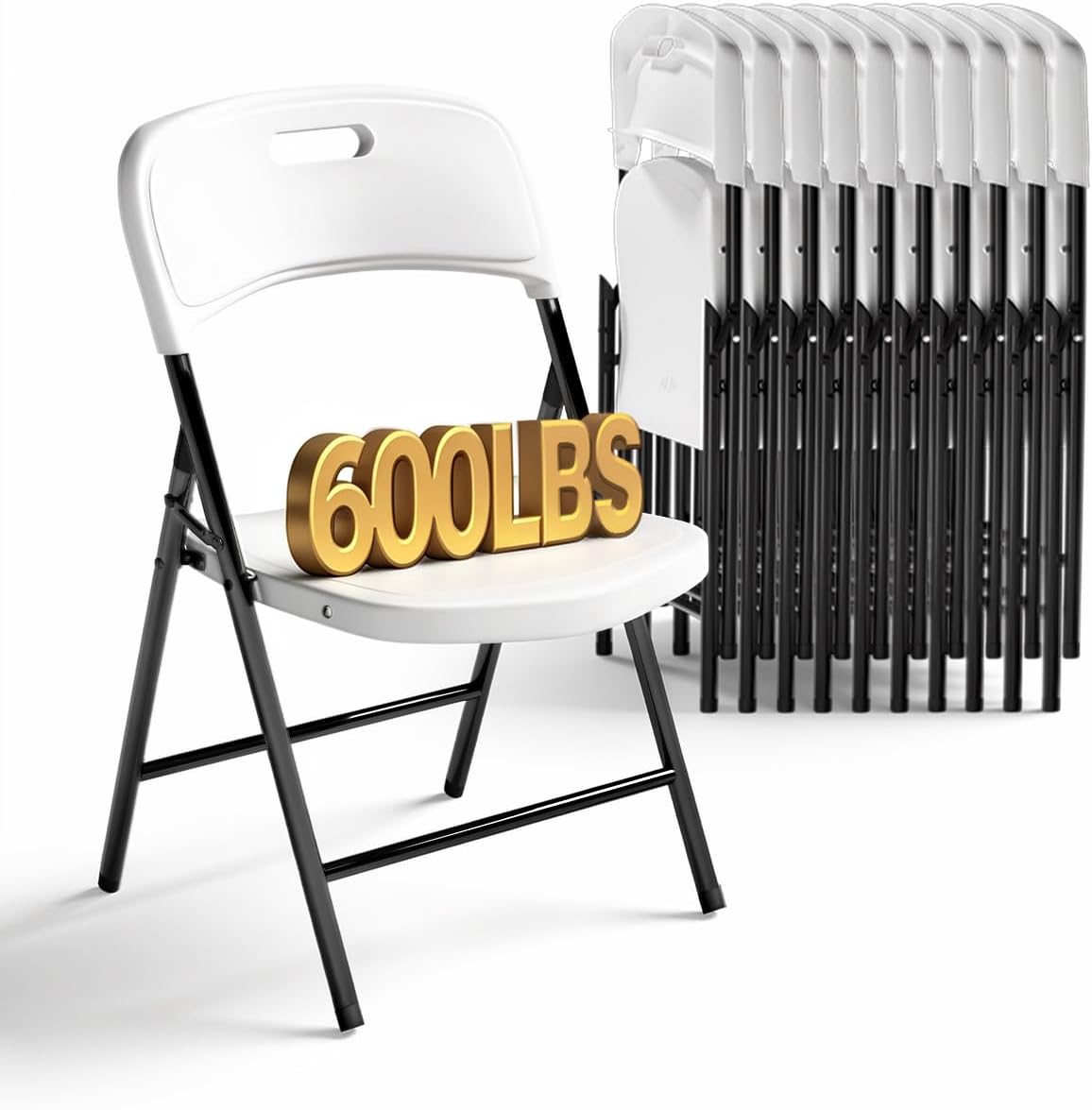 Folding Chairs, 600lbs Capacity, Heavy-Duty Commercial Stackable Plastic Foldable Chairs for Indoor/Outside, Office, Kitchen, Party, Patio(White, 10 Pack)