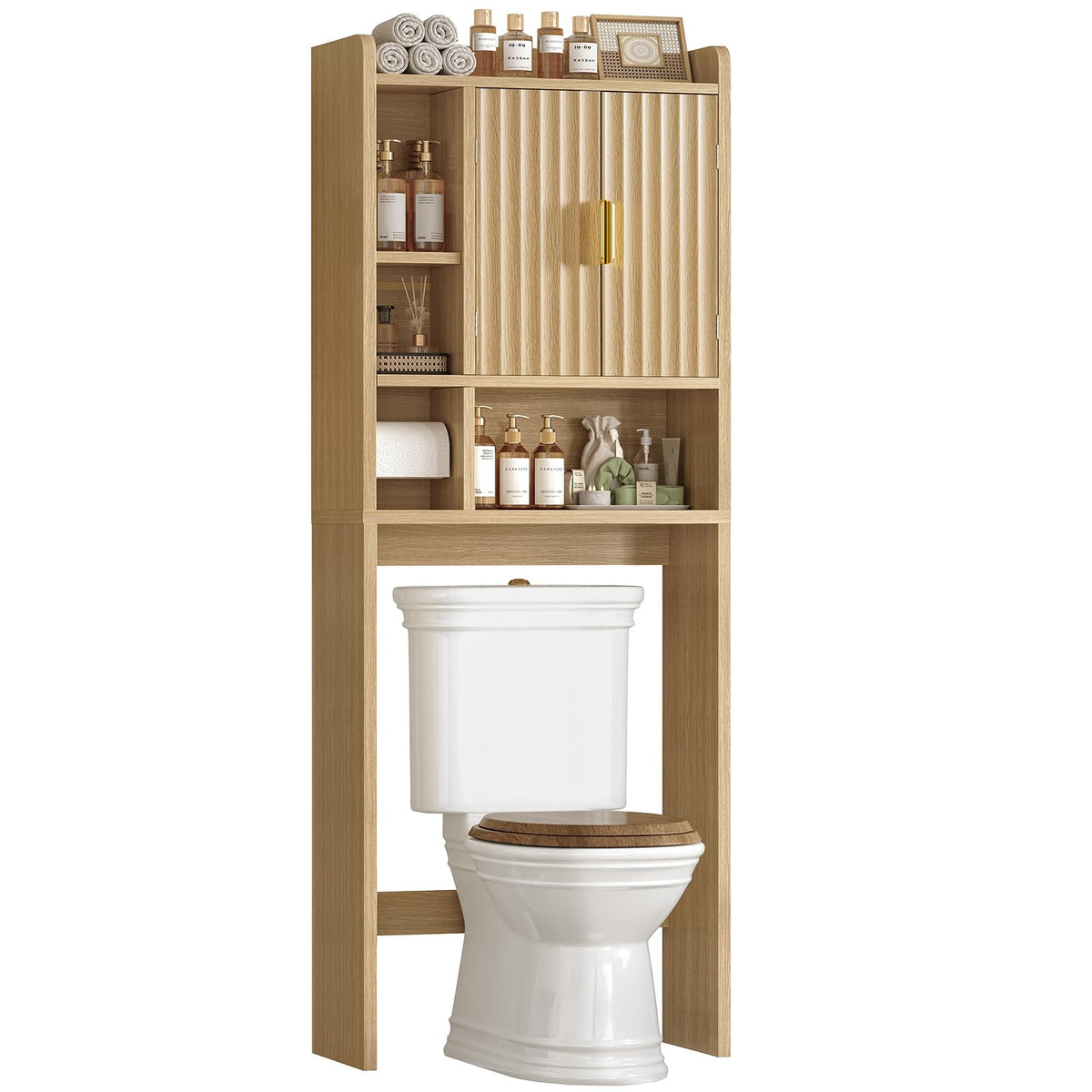 TEENFON Over The Toilet Storage Cabinet with 4 Open Shelves and Adjustable Shelf, Extra Tall Bathroom Organizer Unit with 2 Barn Doors, Home Space Saver for Bathroom, Laundry Room, White