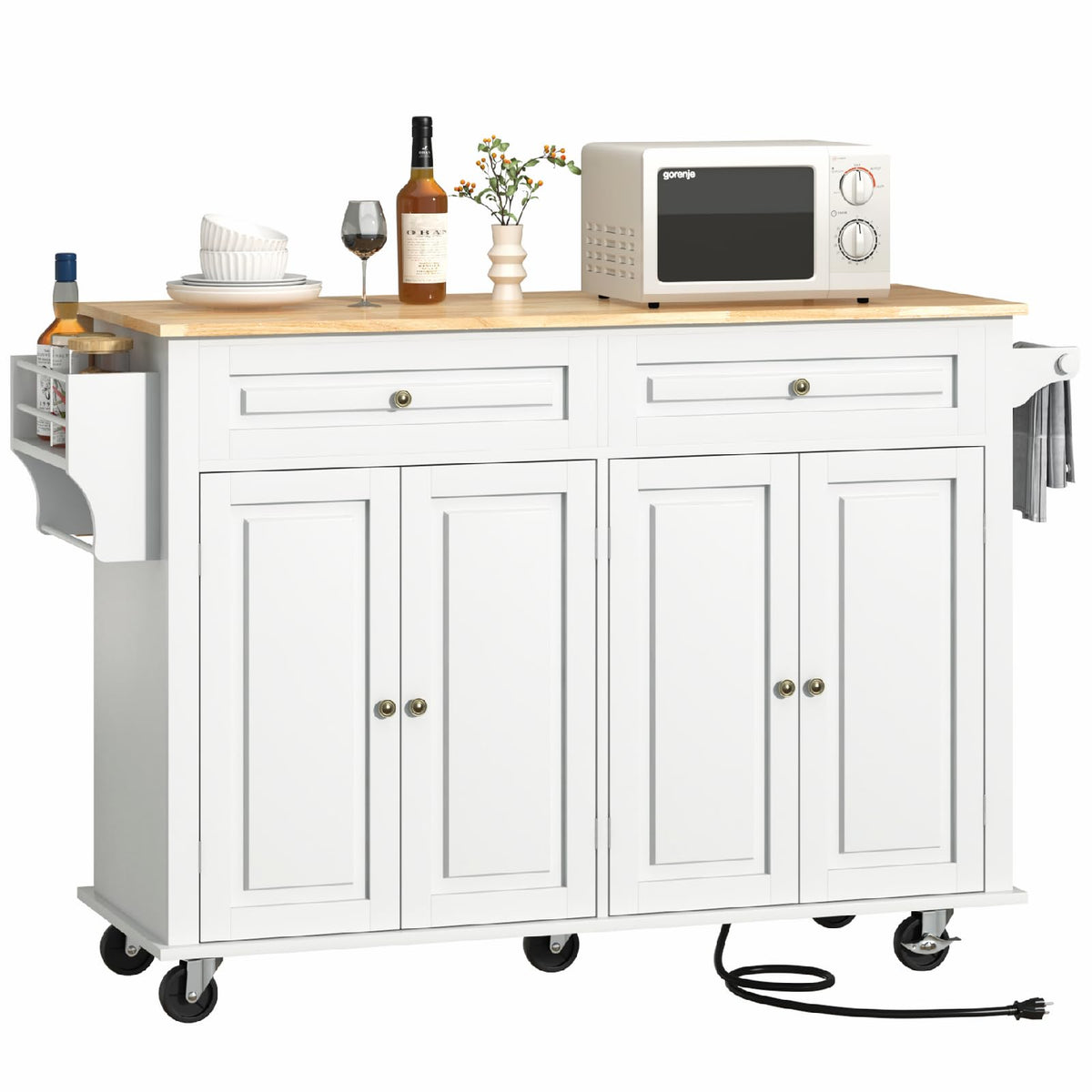 Hlivelood 55" Movable Kitchen Island with Drop Leaf and Power Outlet, Rolling Cart with Storage Cabinet, Island Table on Wheels for Kitchen with 2 Drawers, Spice Rack, Towel Bar, Garage Hook, Black