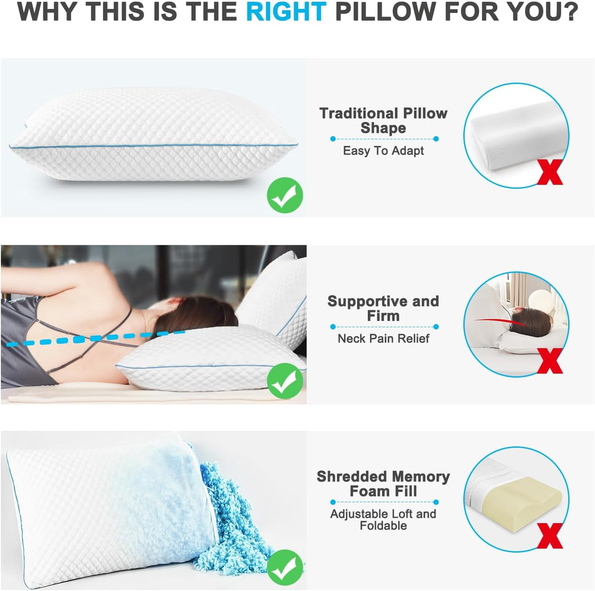 Cooling Shredded Memory Foam Bed Pillows, Queen Size, Set of 4, 20 x 30 in