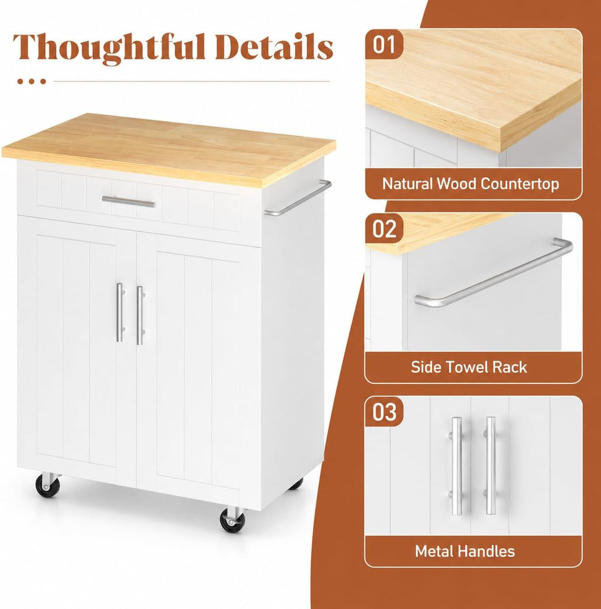JY QAQA 26" Rolling Kitchen Island Cart on Wheels, Mobile Storage Cabinet with Adjustable Inner Shelves, Kitchen Prep Cart with Towel Rack & Lockable Casters for Small Apartment Kitchen, White