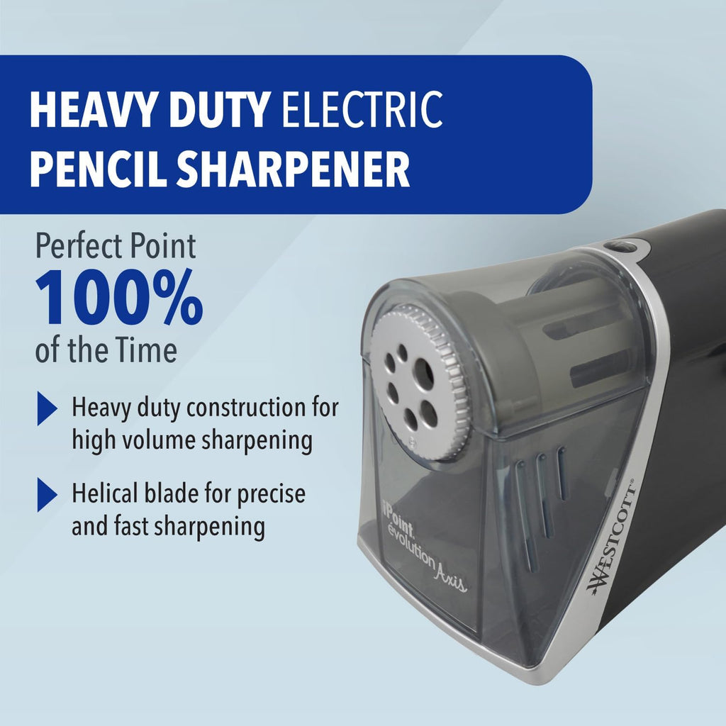 Westcott iPoint Evolution Axis Heavy Duty Electric Pencil Sharpener for Classroom, Black and Silver
