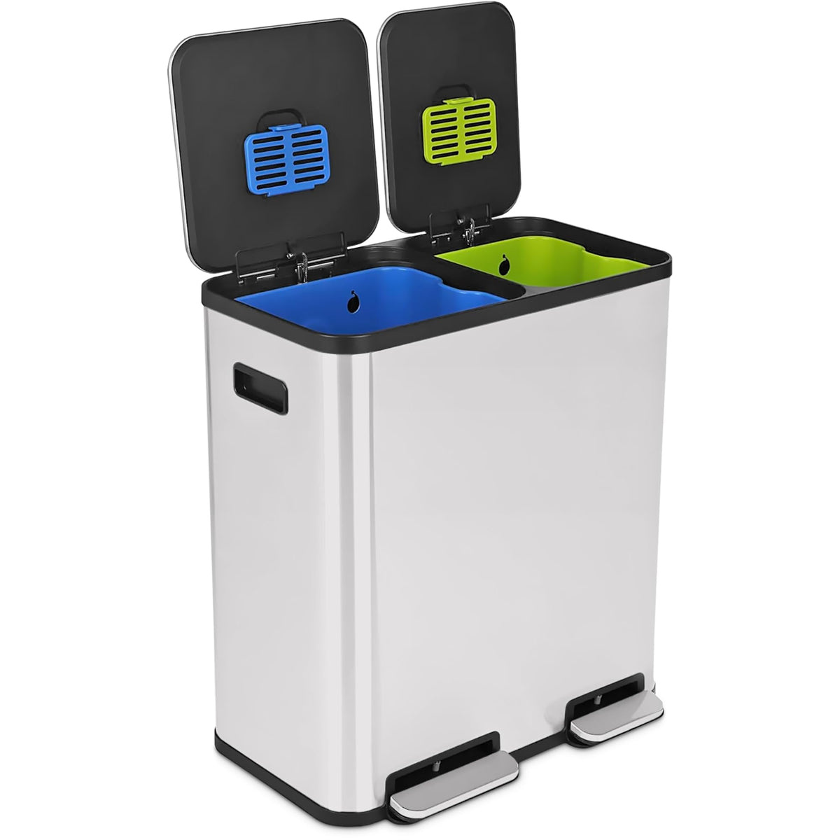 SIMPLI-Magic 21 Gallon (80L) Dual Compartment Kitchen Trash Can - Hands-Free Step Pedal, Soft-Close Lid, Stainless Steel Recycling Bin with Odor Filter (40L + 40L)