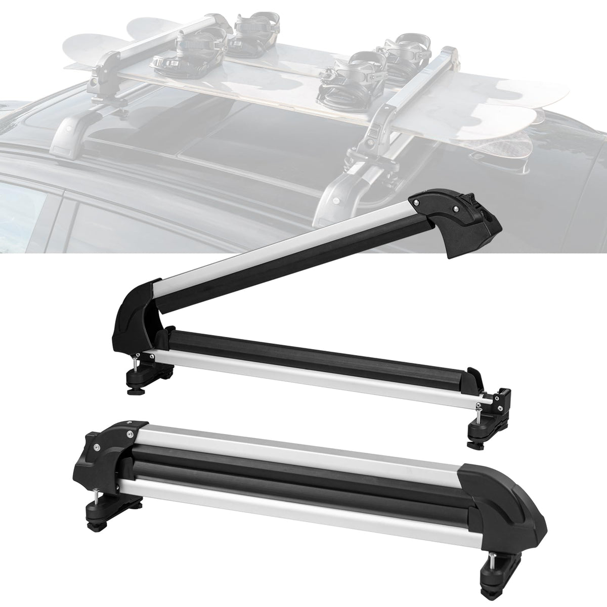 VEVOR Ski & Snowboard Roof Rack, Carry up to 4 Pairs of Skis or 2 Snowboards, 2 PCS Aluminum Universal Car Roof Rack with Lock & Rubber Padding, Carrier for Fishing Rod, Fit Most Slotted Crossbars