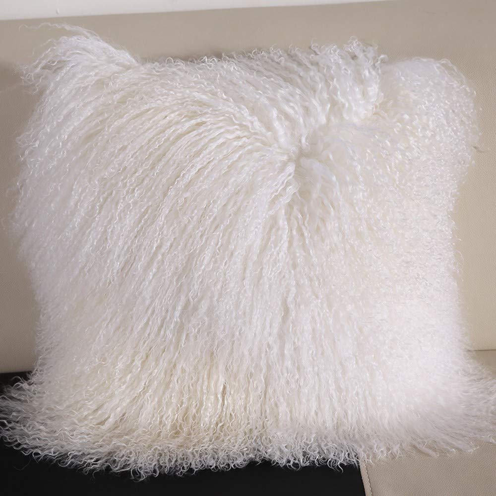 Real 100% Tibetan Mongolian Lamb Sheepskin Wool Fur Throw Pillow Covers White 24x24 Inch, Super Soft Plush Leather Accent Pillowcase Decorative Cushion Cover for Living Room Bedroom